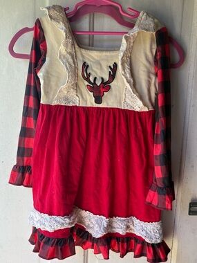 Girls Red Plaid Reindeer Lace-Trim Dress